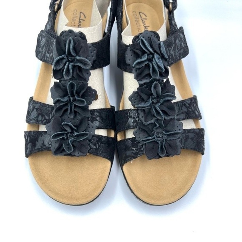 Clarks Women's Merliah Sheryl Black Leather Floral T-Strap Wedge Sandals Shoes 9 - Picture 3 of 12